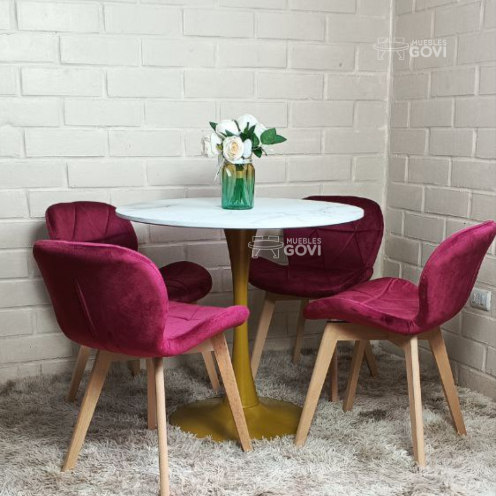 Comedor Mesa Tulip Gold + Sillas Velvet