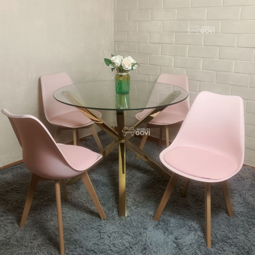 Comedor Anauco Mesa Redonda Madrid Gold + Sillas Tulip