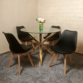 Comedor Anauco Mesa Redonda Madrid Gold + Sillas Tulip