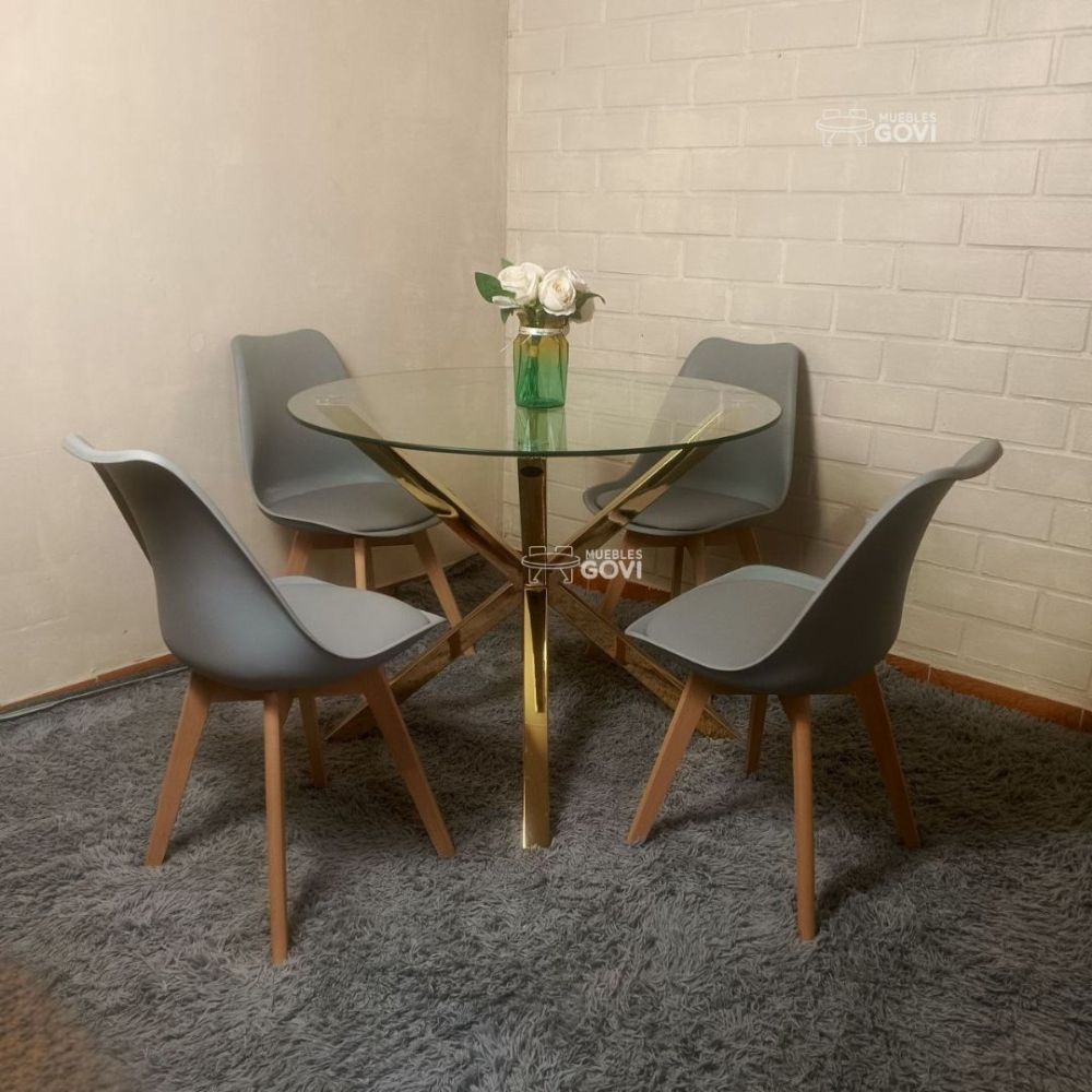 Comedor Anauco Mesa Redonda Madrid Gold + Sillas Tulip