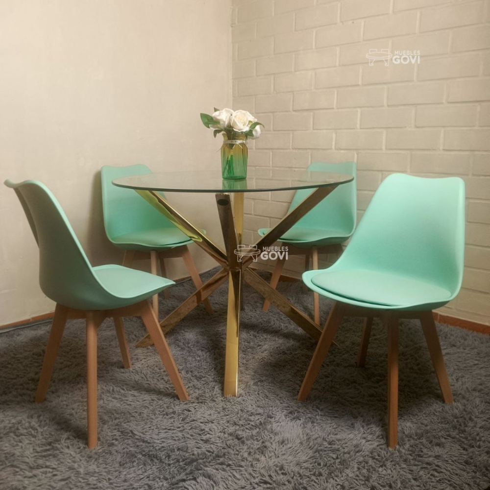 Comedor Anauco Mesa Redonda Madrid Gold + Sillas Tulip