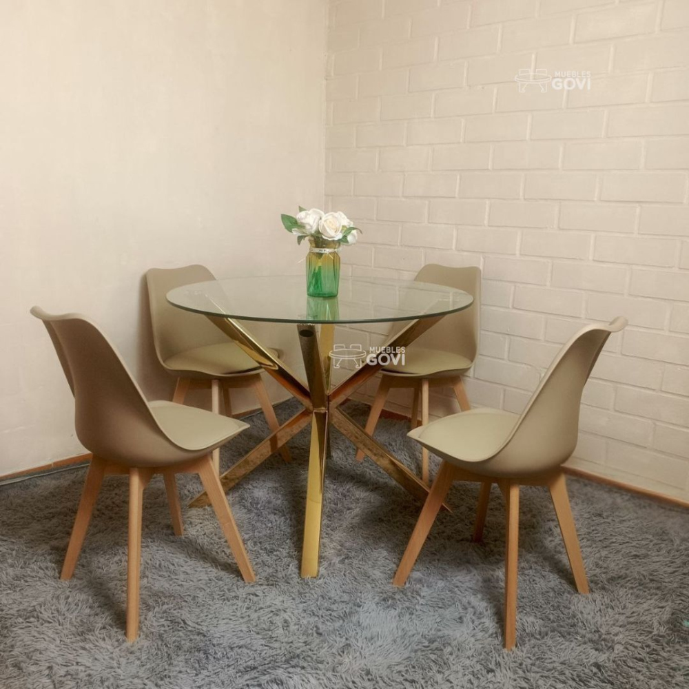 Comedor Anauco Mesa Redonda Madrid Gold + Sillas Tulip