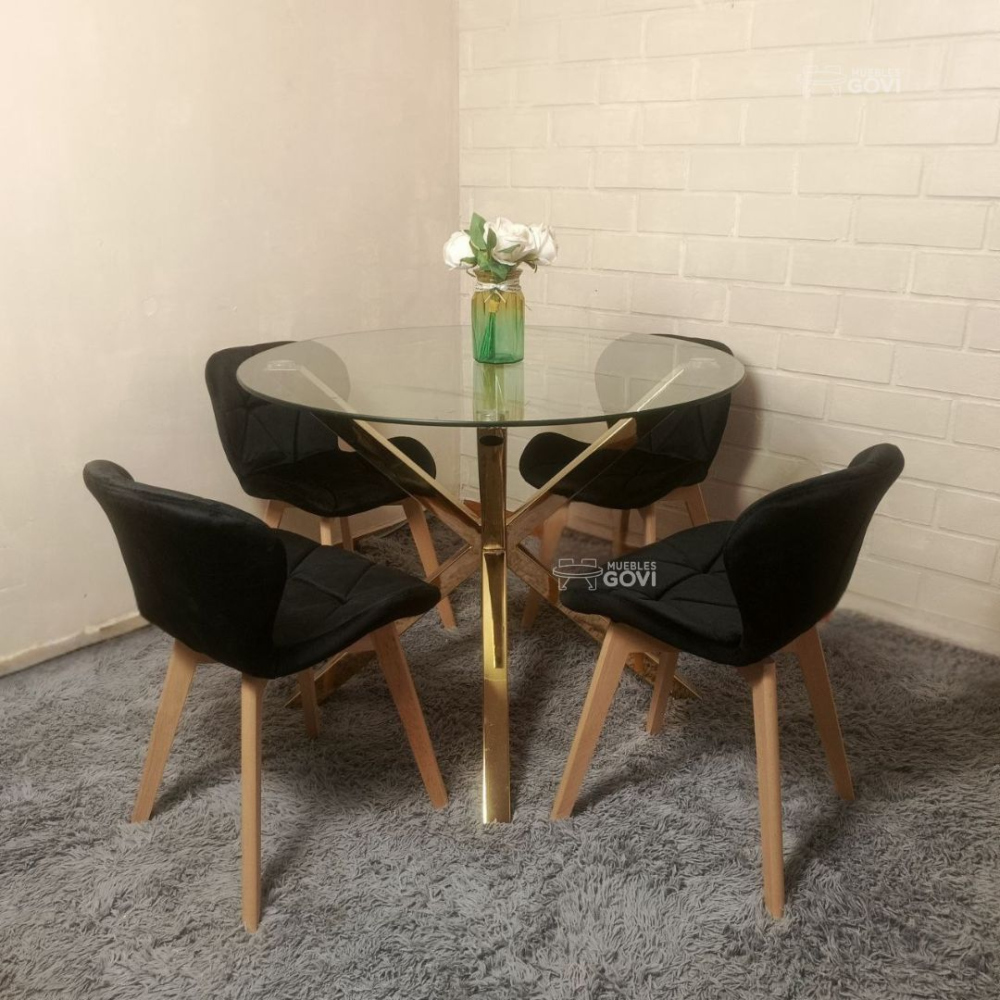 Comedor Motatan Mesa Redonda Madrid Gold + Sillas Radar Velvet