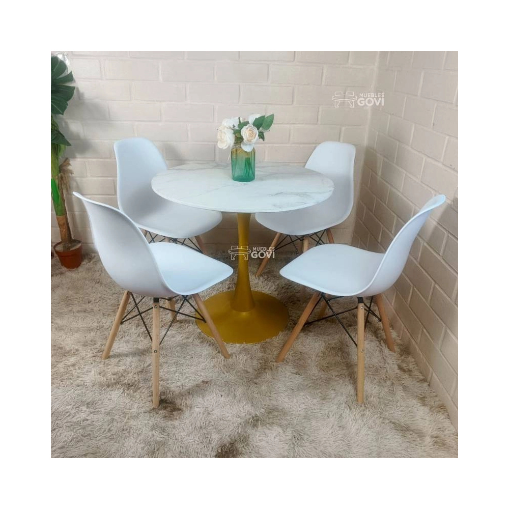 Comedor Unare: Mesa Tulip Gold + Sillas Eames