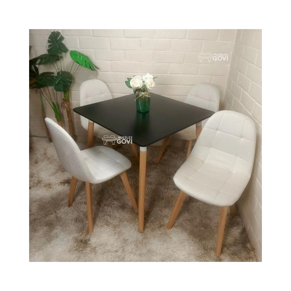 Comedor Urao con Mesa Cuadrada MDF 80x80 cm + Sillas Capitone Tapizadas en Felpa