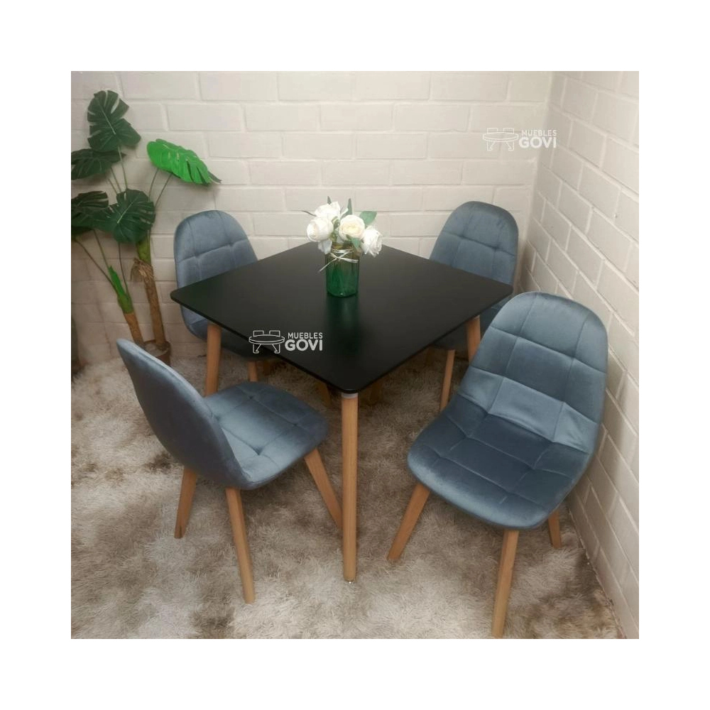 Comedor Urao con Mesa Cuadrada MDF 80x80 cm + Sillas Capitone Tapizadas en Felpa