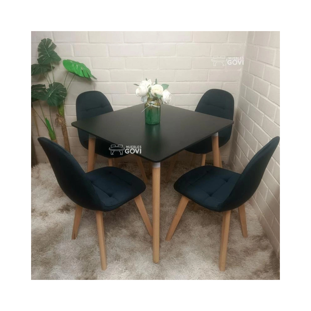 Comedor Urao con Mesa Cuadrada MDF 80x80 cm + Sillas Capitone Tapizadas en Felpa