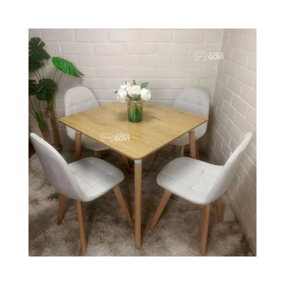 Comedor Urao con Mesa Cuadrada MDF 80x80 cm + Sillas Capitone Tapizadas en Felpa