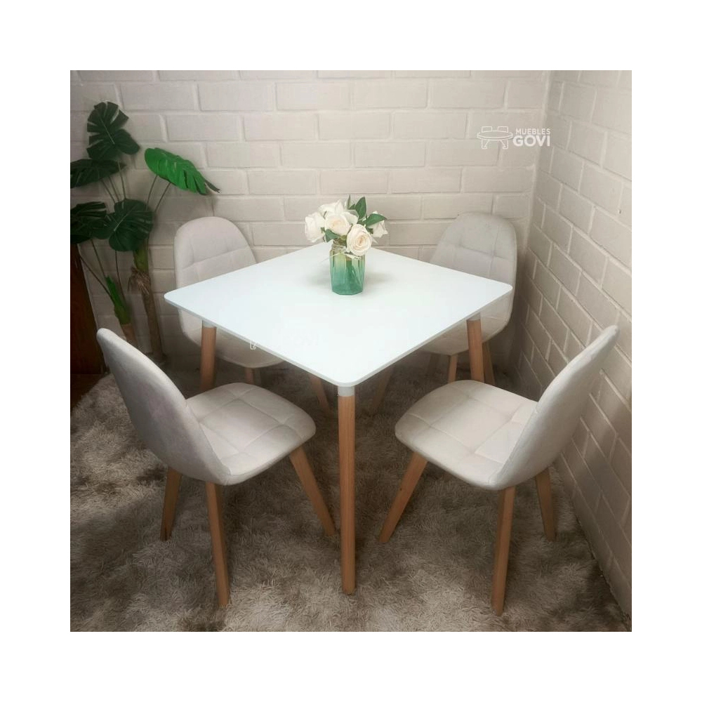 Comedor Urao con Mesa Cuadrada MDF 80x80 cm + Sillas Capitone Tapizadas en Felpa