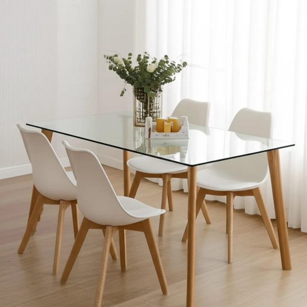 Comedor Nordico Mesa Rectangular de Vidrio y Sillas Tulip