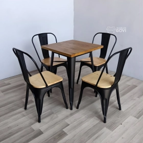 Comedor Tolix Plus 80x80cm Madera + 4 Sillas Tolix con asiento de madera
