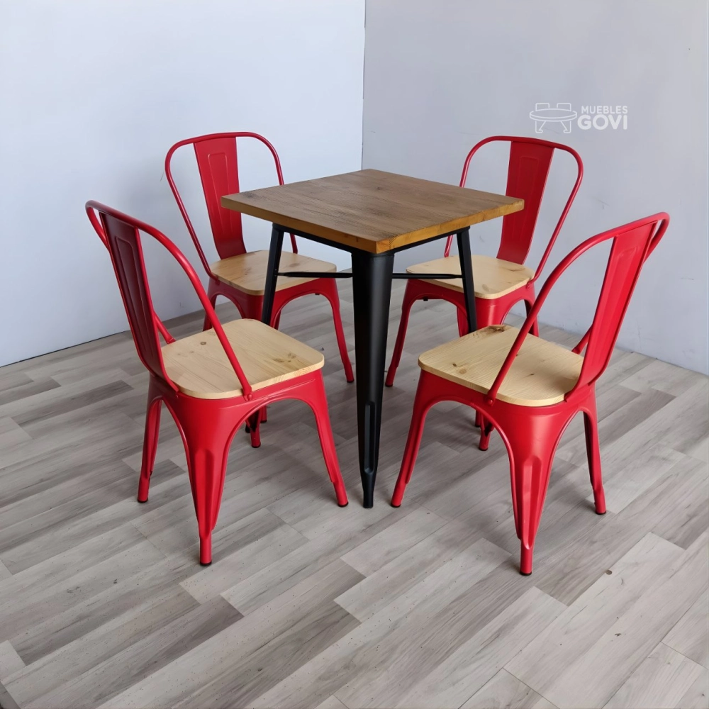 Comedor Tolix Plus 80x80cm Madera + 4 Sillas Tolix con asiento de madera