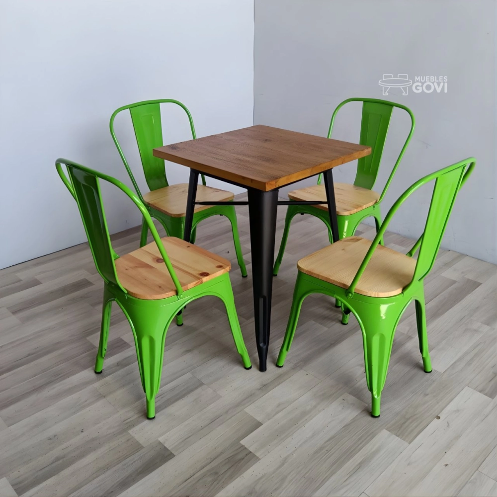 Comedor Tolix Plus 80x80cm Madera + 4 Sillas Tolix con asiento de madera