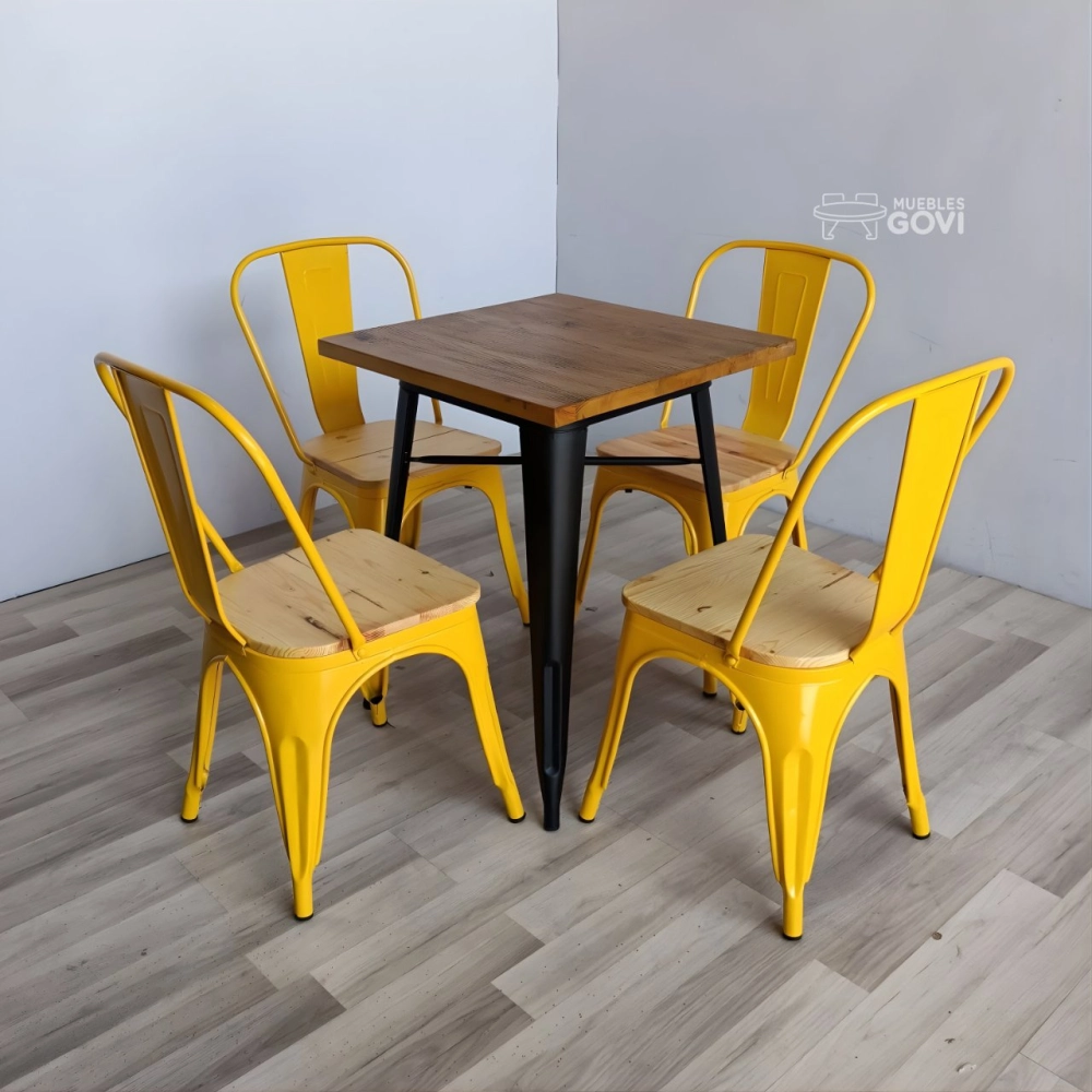 Comedor Tolix Plus 80x80cm Madera + 4 Sillas Tolix con asiento de madera