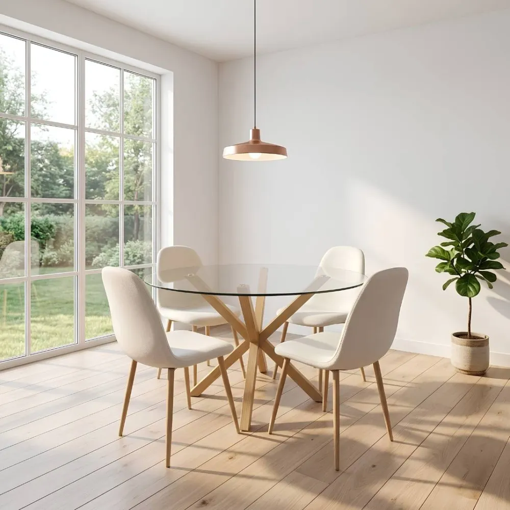 Comedor Mesa Vidrio 100cm + 4 Sillas Scoop Lino