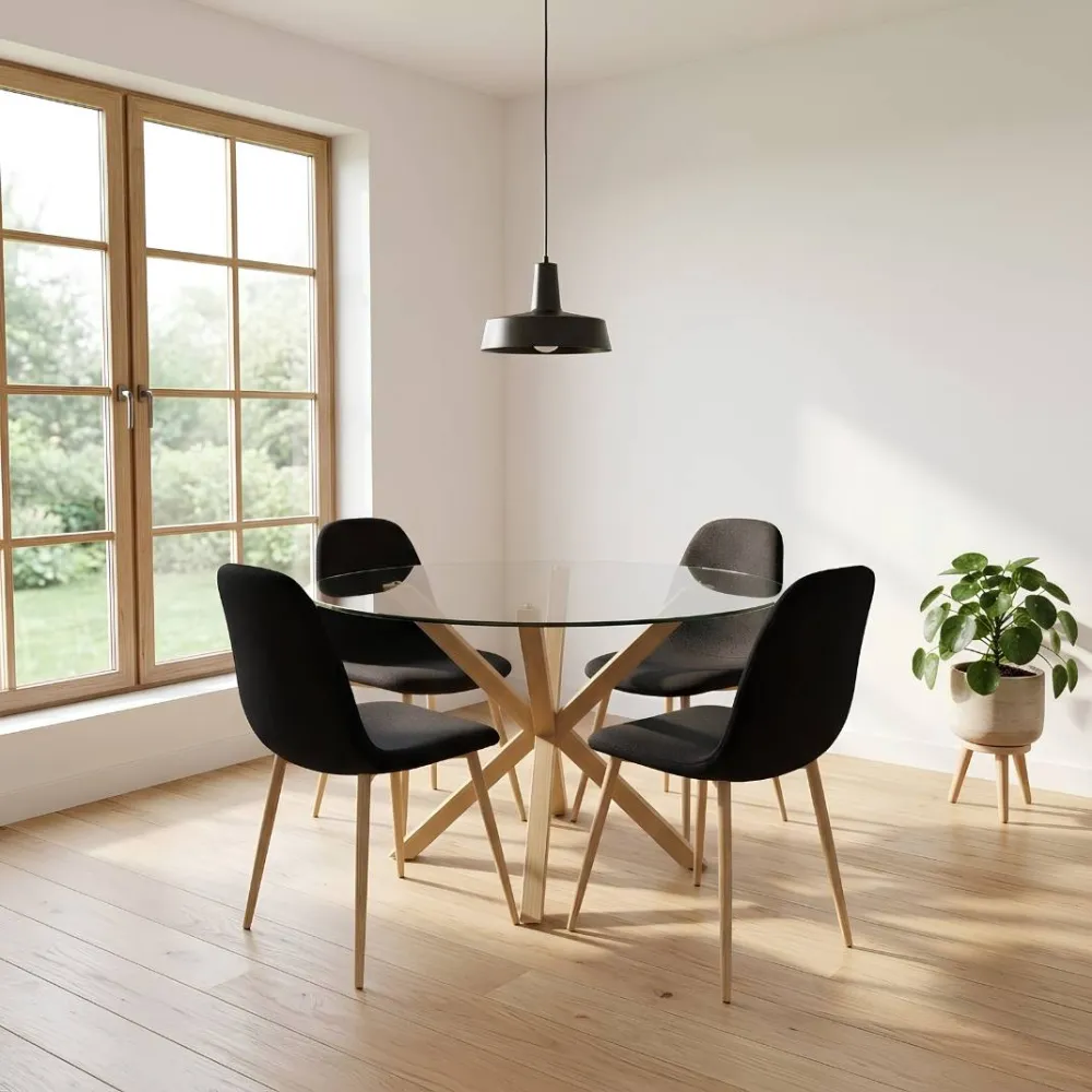 Comedor Mesa Vidrio 100cm + 4 Sillas Scoop Lino