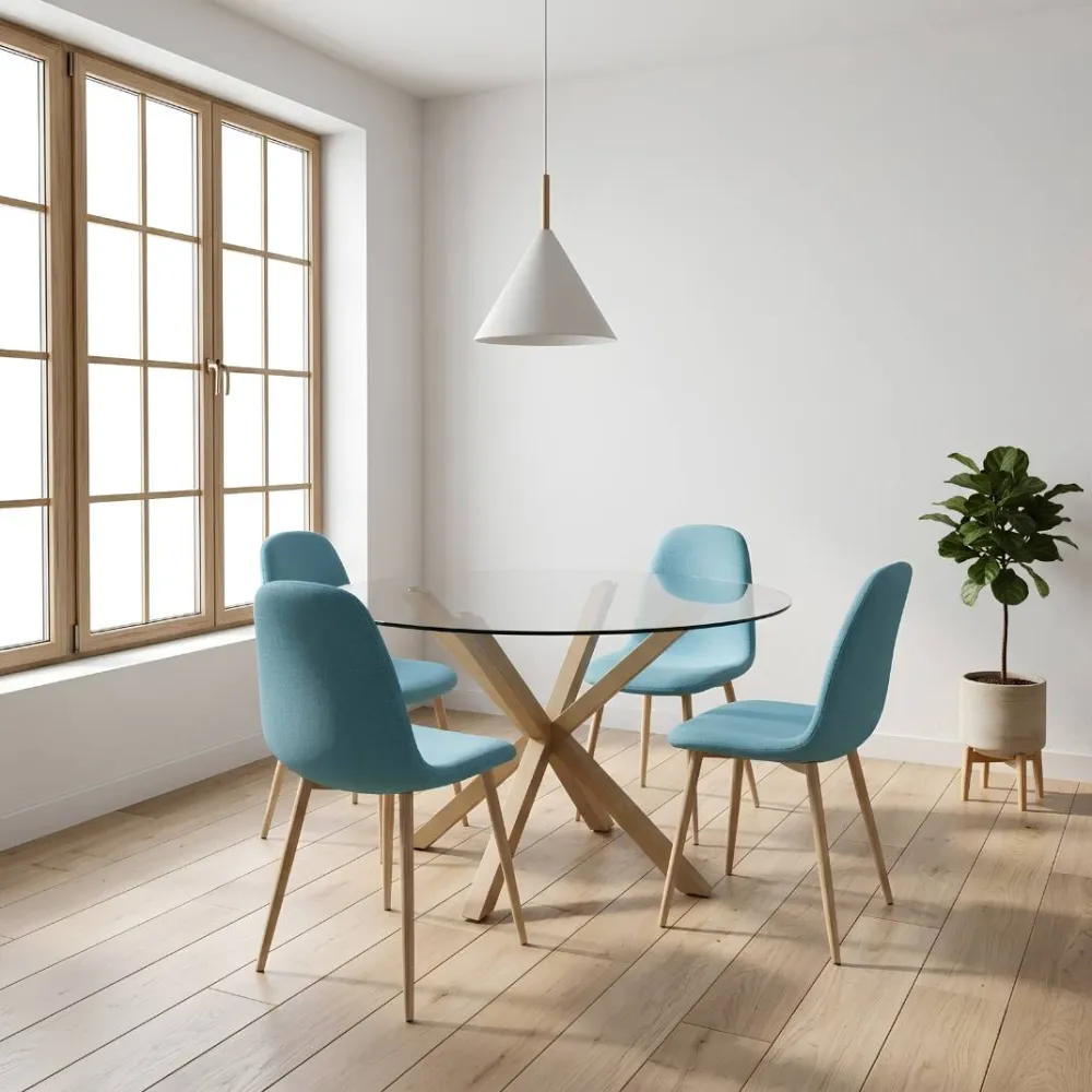 Comedor Mesa Vidrio 100cm + 4 Sillas Scoop Lino