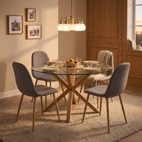 Comedor Mesa Vidrio 100cm + 4 Sillas Scoop Lino