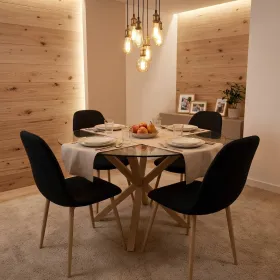 Comedor Mesa Vidrio 100cm + 4 Sillas Scoop Lino