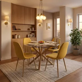 Comedor Mesa Vidrio 100cm + 4 Sillas Scoop Lino