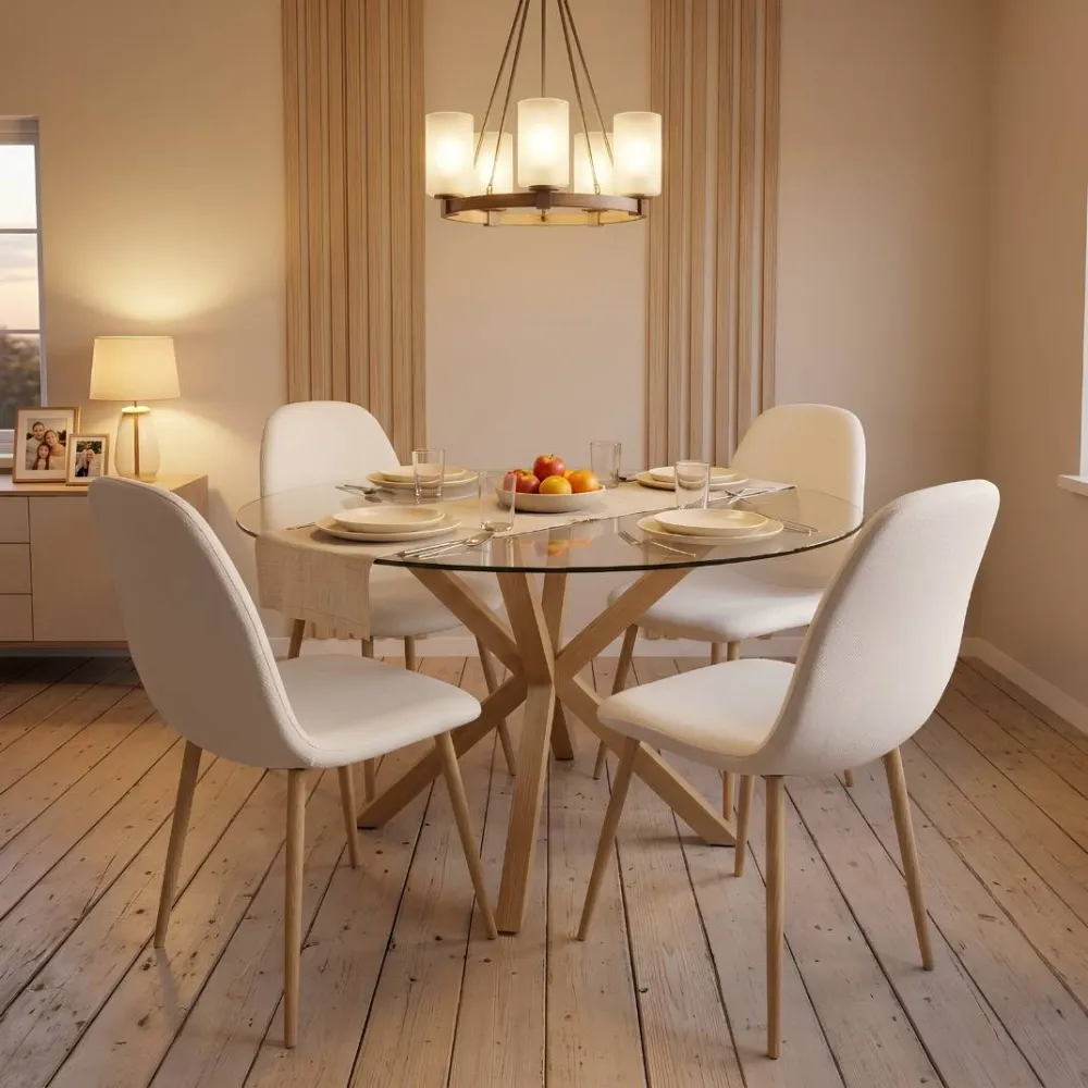 Comedor Mesa Vidrio 100cm + 4 Sillas Scoop Lino