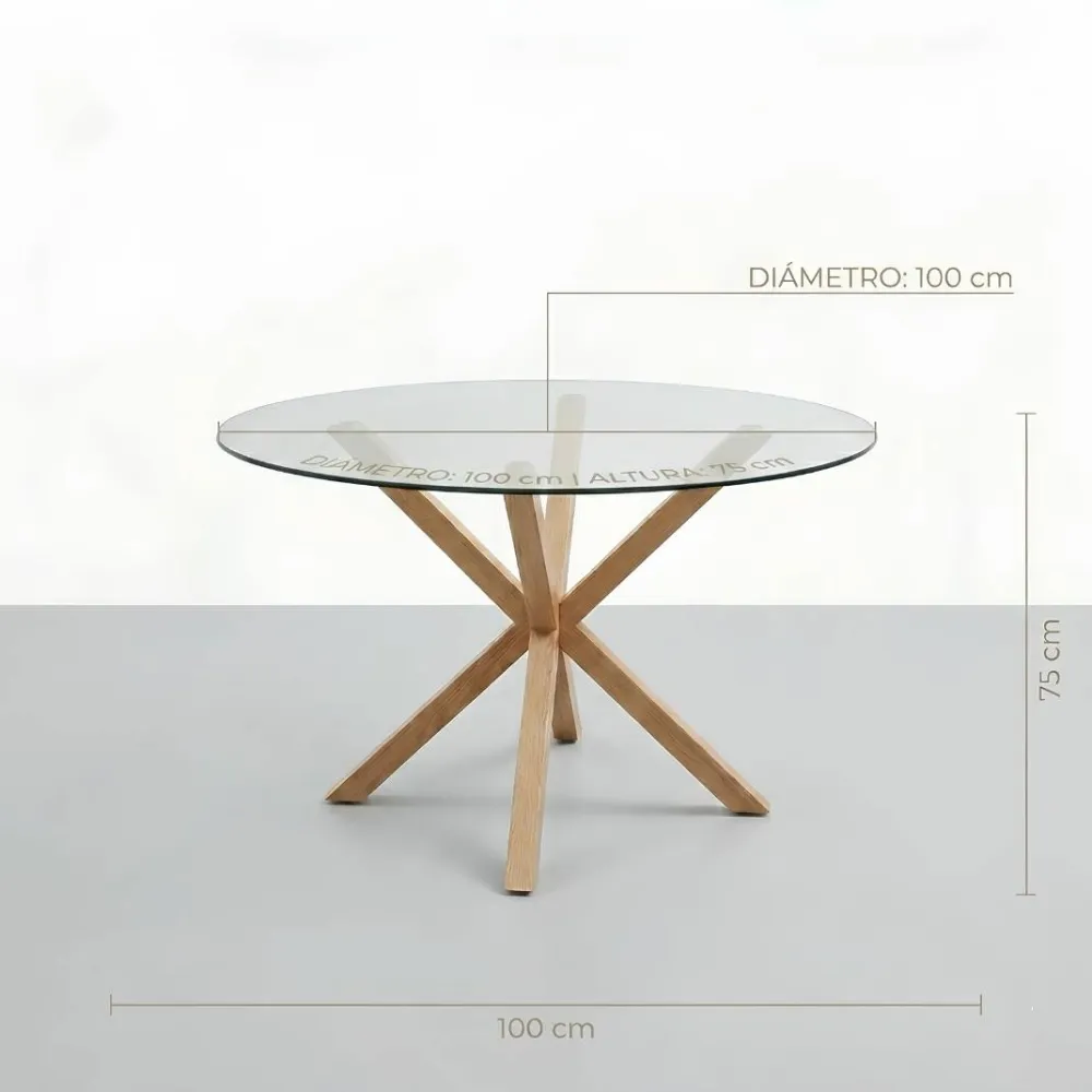 Comedor Mesa Vidrio 100cm + 4 Sillas Scoop Lino