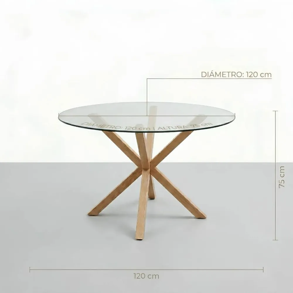 Comedor Mesa Vidrio 120cm + 6 Sillas Scoop Lino