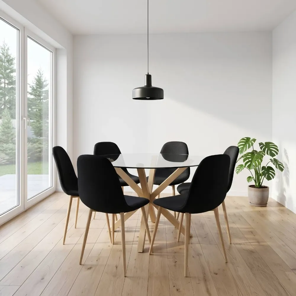 Comedor Mesa Vidrio 120cm + 6 Sillas Scoop Lino