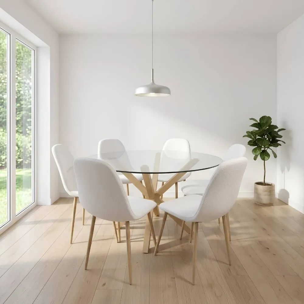 Comedor Mesa Vidrio 120cm + 6 Sillas Scoop Lino