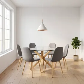 Comedor Mesa Vidrio 120cm + 6 Sillas Scoop Lino