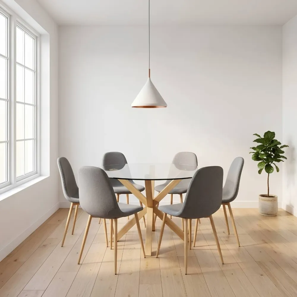 Comedor Mesa Vidrio 120cm + 6 Sillas Scoop Lino