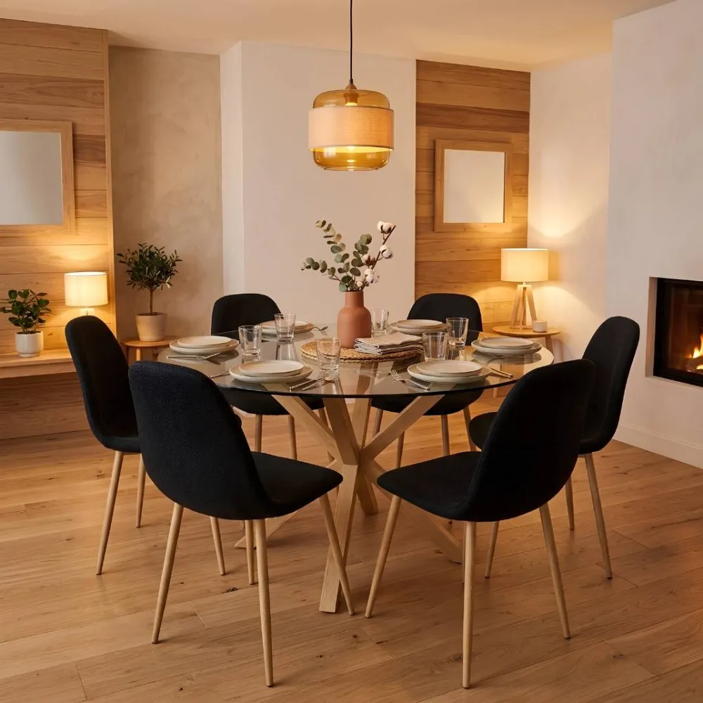 Comedor Mesa Vidrio 120cm + 6 Sillas Scoop Lino