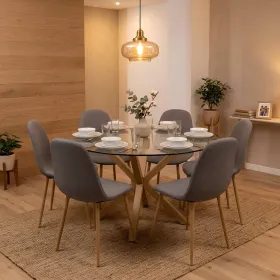 Comedor Mesa Vidrio 120cm + 6 Sillas Scoop Lino
