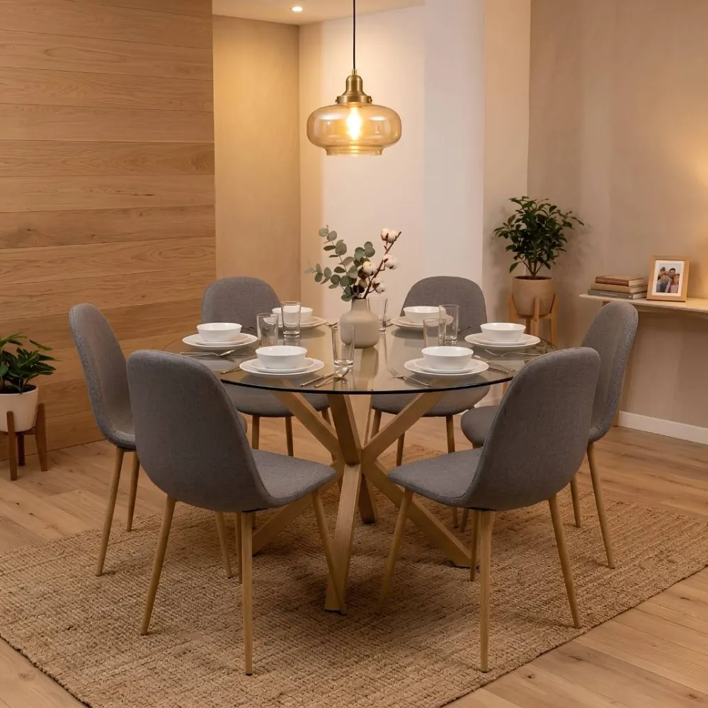 Comedor Mesa Vidrio 120cm + 6 Sillas Scoop Lino