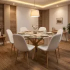 Comedor Mesa Vidrio 120cm + 6 Sillas Scoop Lino