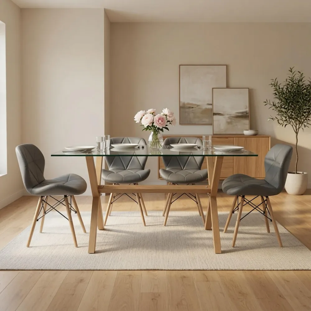 comedor rectangular vidrio 140x90cm con 4 sillas ecocuero