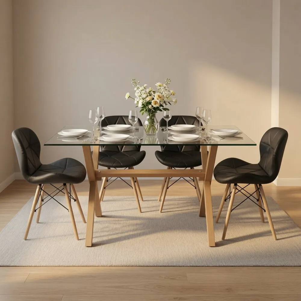 comedor rectangular vidrio 140x90cm con 4 sillas ecocuero