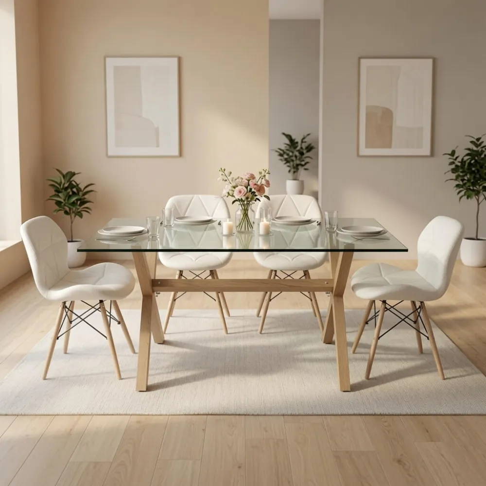 comedor rectangular vidrio 140x90cm con 4 sillas ecocuero