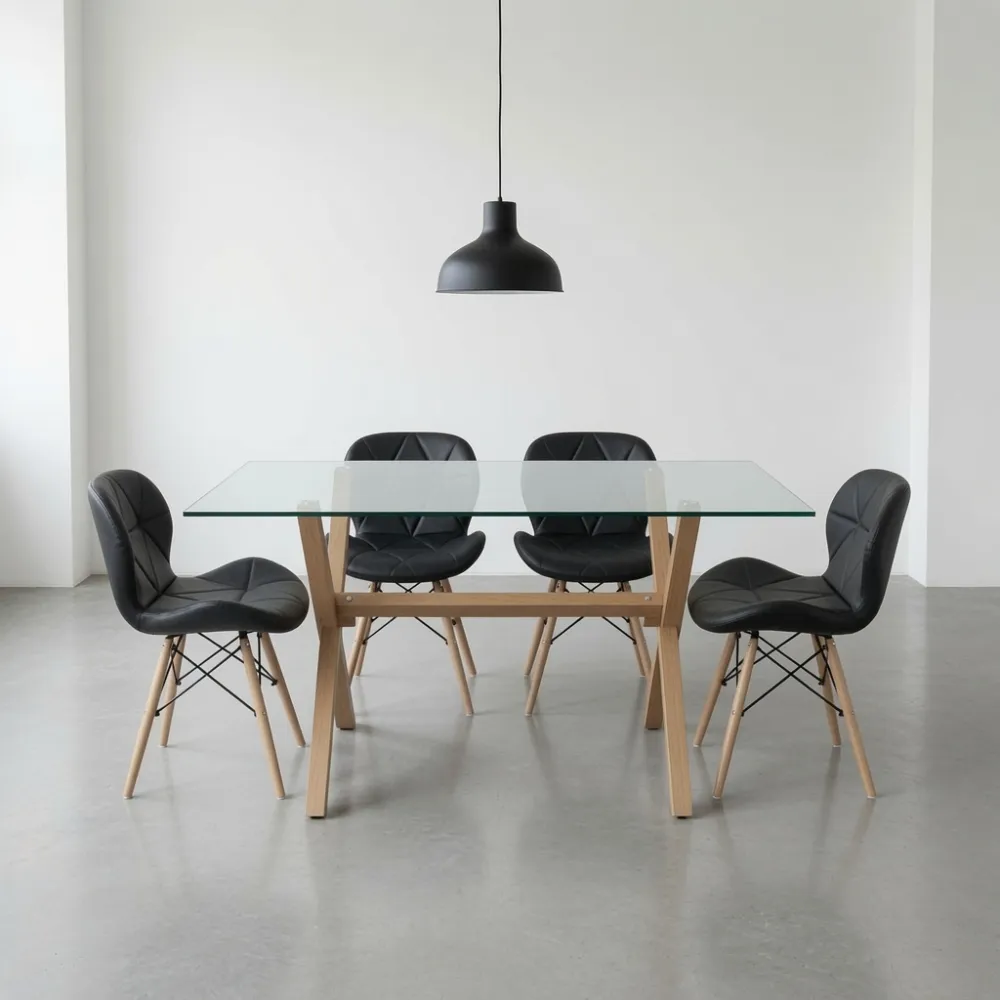 comedor rectangular vidrio 140x90cm con 4 sillas ecocuero