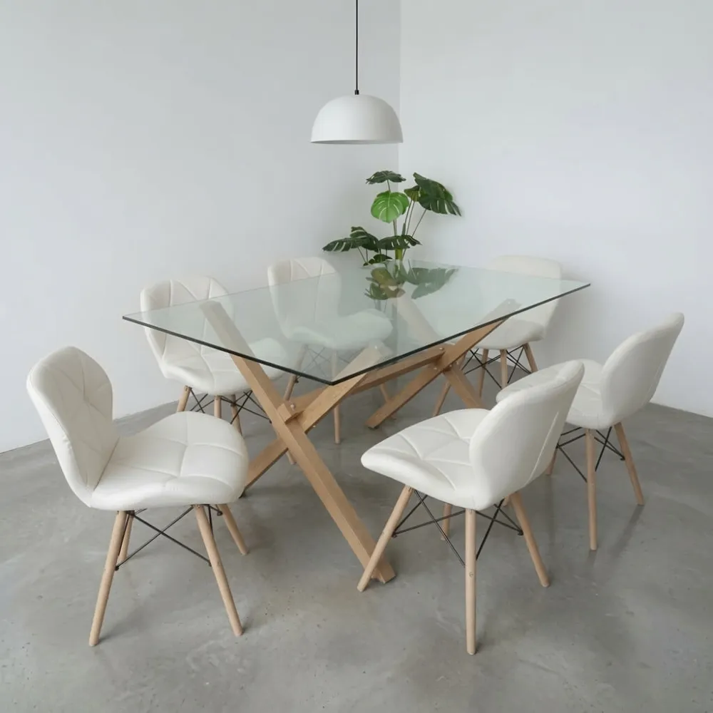 comedor rectangular vidrio 140x90cm con 6 sillas ecocuero