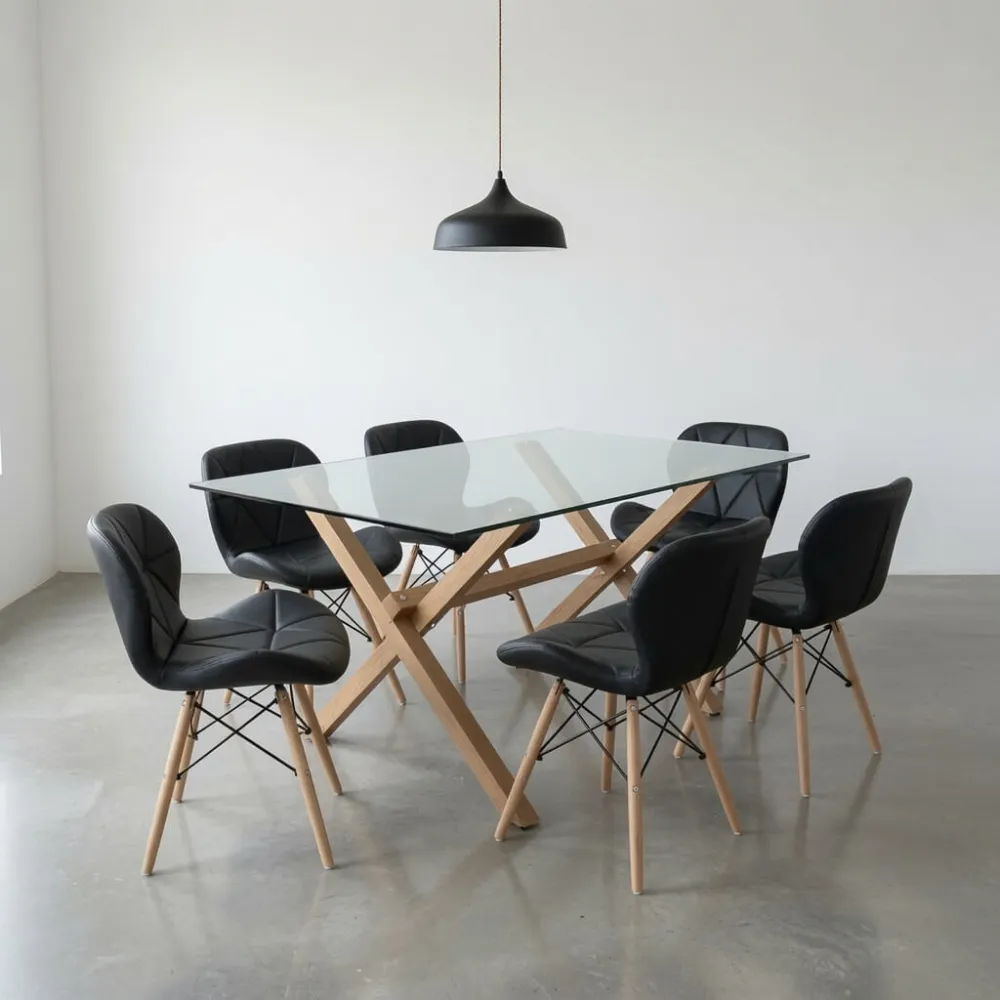 comedor rectangular vidrio 140x90cm con 6 sillas ecocuero