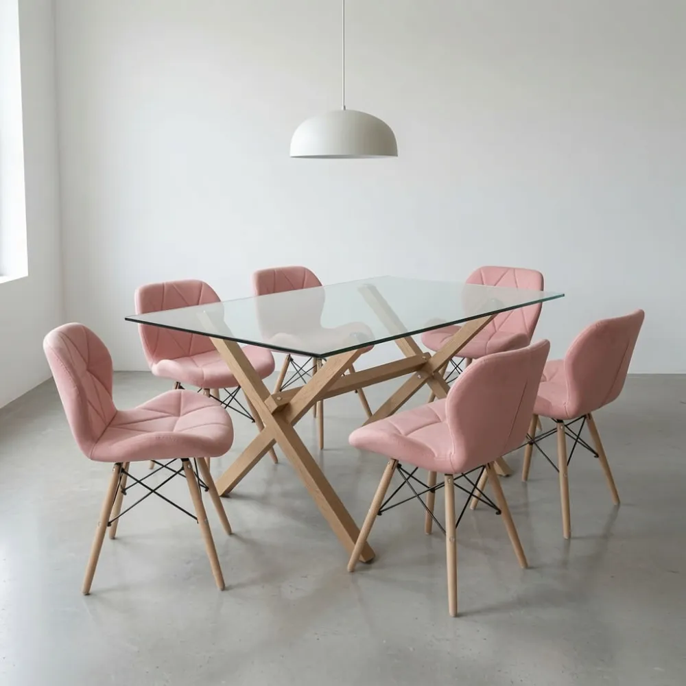 comedor rectangular vidrio 140x90cm con 6 sillas ecocuero