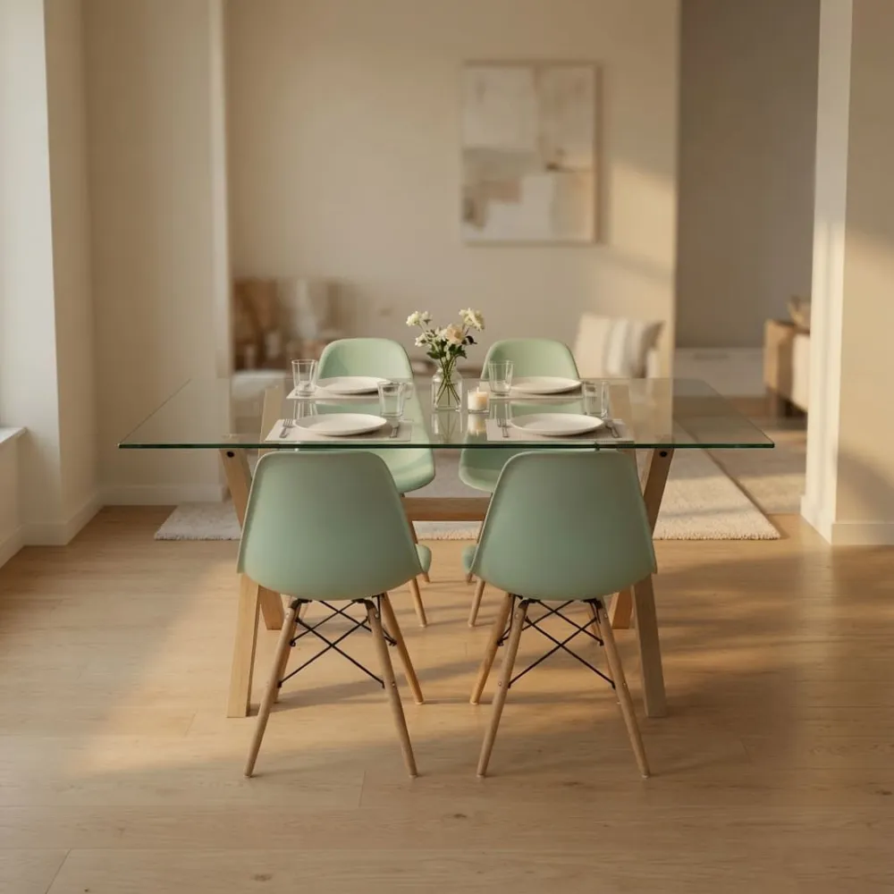 Comedor Mesa Cross Vidrio 140x90cm 4 Sillas Eames