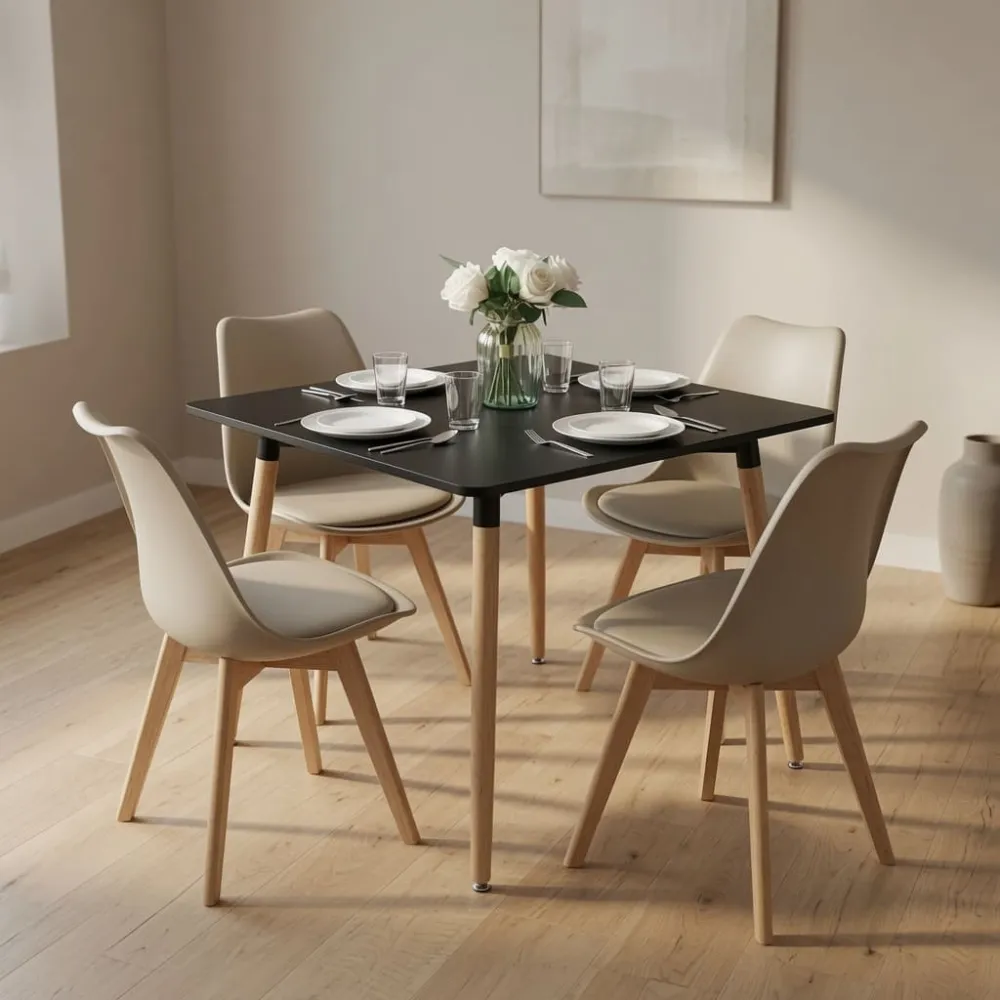 Comedor Mesa Eames MDF 80x80cm Sillas Tulip Acolchadas