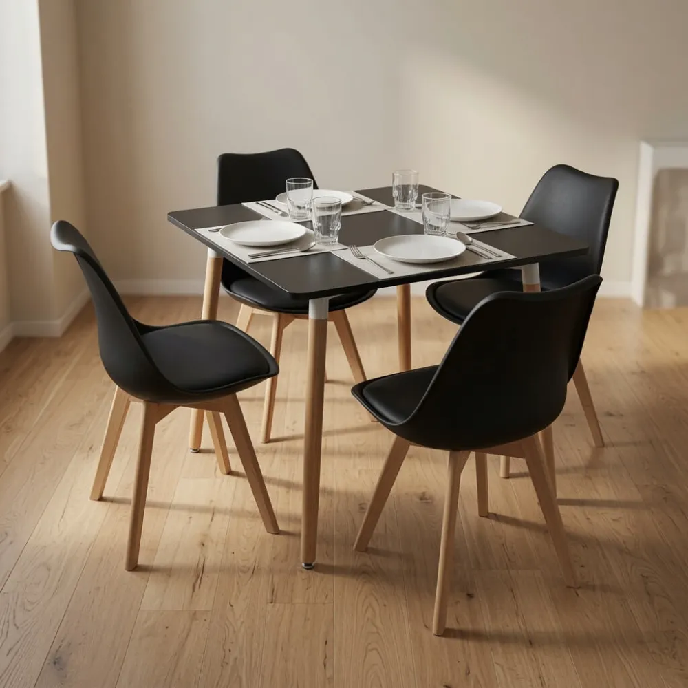 Comedor Mesa Eames MDF 80x80cm Sillas Tulip Acolchadas