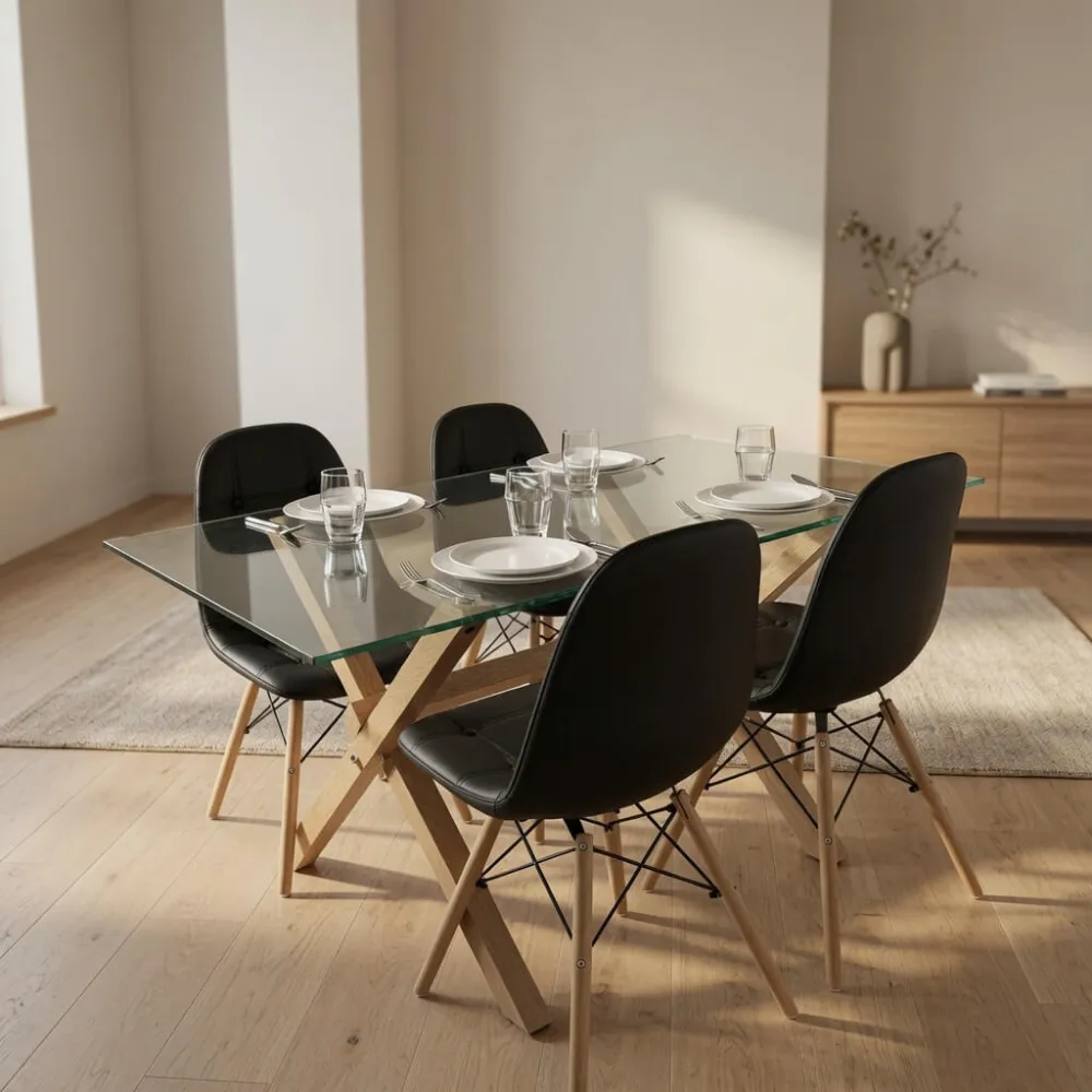 Comedor Mesa Vidrio 140x90cm 4 Sillas Buckle Ecocuero