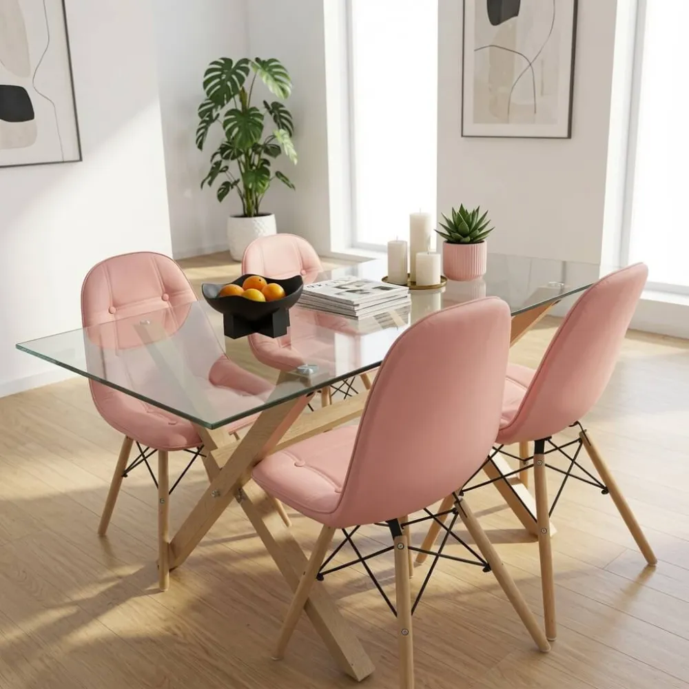 Comedor Mesa Vidrio 140x90cm 4 Sillas Buckle Ecocuero