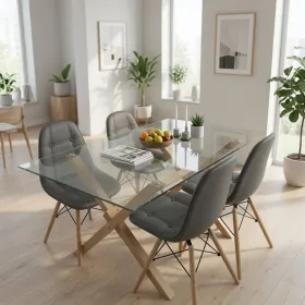 Comedor Mesa Vidrio 140x90cm 4 Sillas Buckle Ecocuero