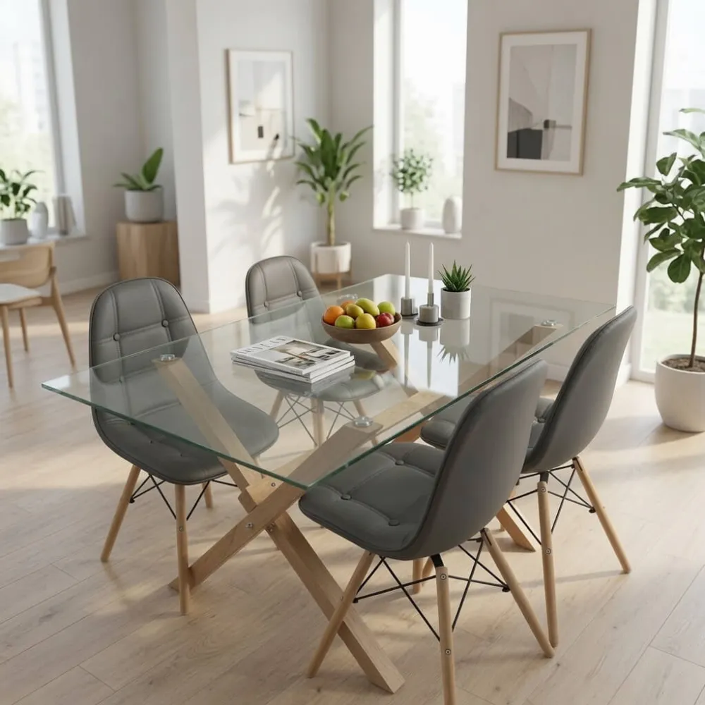 Comedor Mesa Vidrio 140x90cm 4 Sillas Buckle Ecocuero
