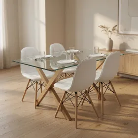 Comedor Mesa Vidrio 140x90cm 4 Sillas Buckle Ecocuero